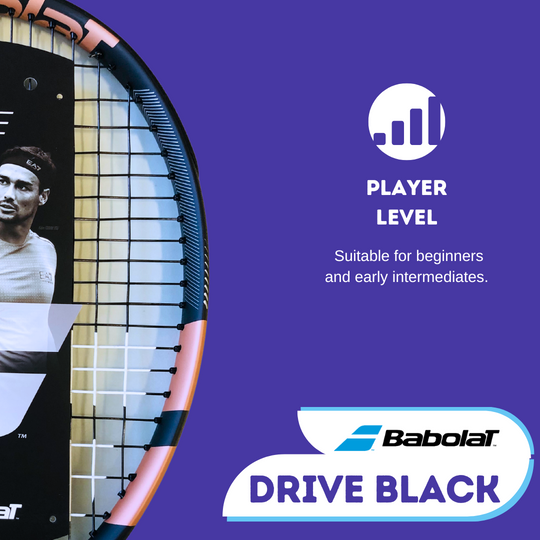 Babolat Drive Black Tennis Racquet Is Suitable for Player Levels Beginners and early ntermediates.