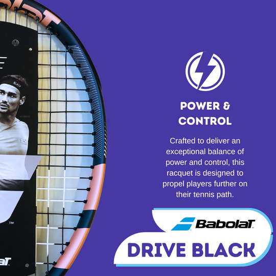 Babolat Drive Black Tennis Racquet: Power and Control: Crafted to deliver exceptional balance of power and control, this racquet is designed to propel player further on their tennis path.