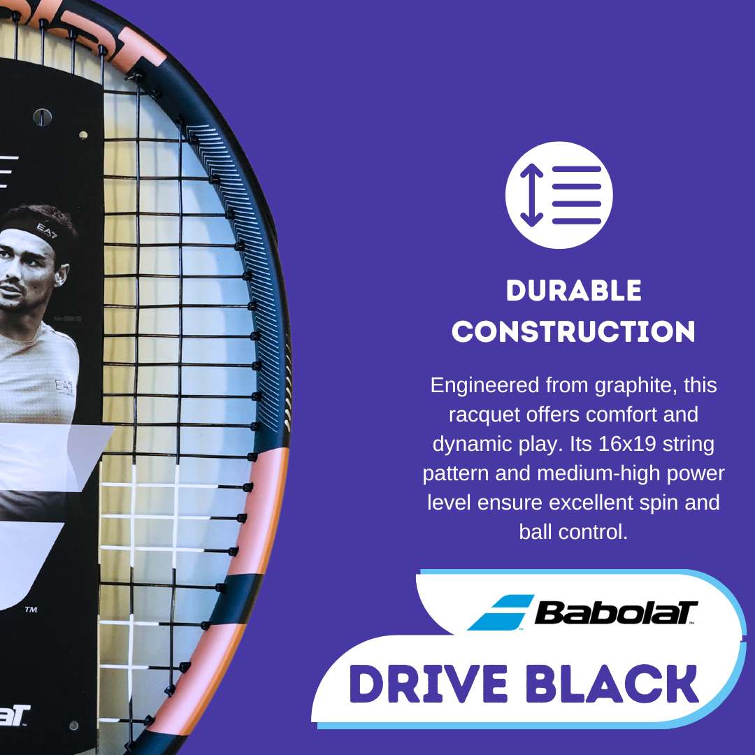 Babolat Drive Black Tennis Racquet: Durable Construction: Engineered from graphite, this racquet offers comfort and dynamic play. Its 16x19 string pattern and medium-high power level ensure excellent spin and ball control. 