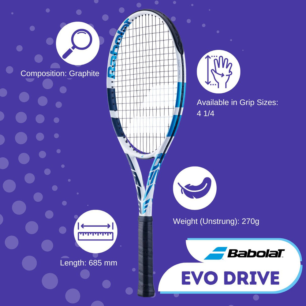 Full view of the Babolat Evo Drive racquet, highlighting it's features .