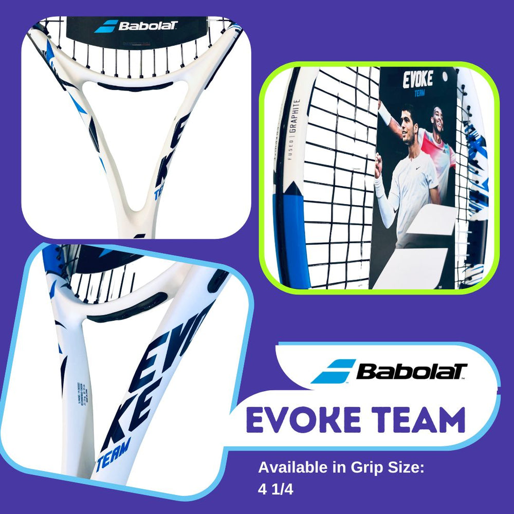 Babolat Evoke Team view of yoke, side yoke branding and top side racquet.