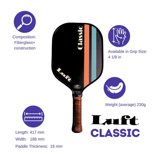 Luft Classic Pickleball Paddle for classic control $129 3 specifications such as composition, grip size, length, width, thickness & weight