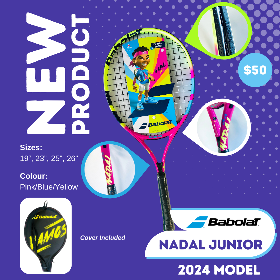 ure Aero Rafa Junior 2024 Tennis Racquet with vibrant design and Nadal-inspired aesthetics. - 2024 Model $50 available in 19", 21", 23", 25" & 26".00