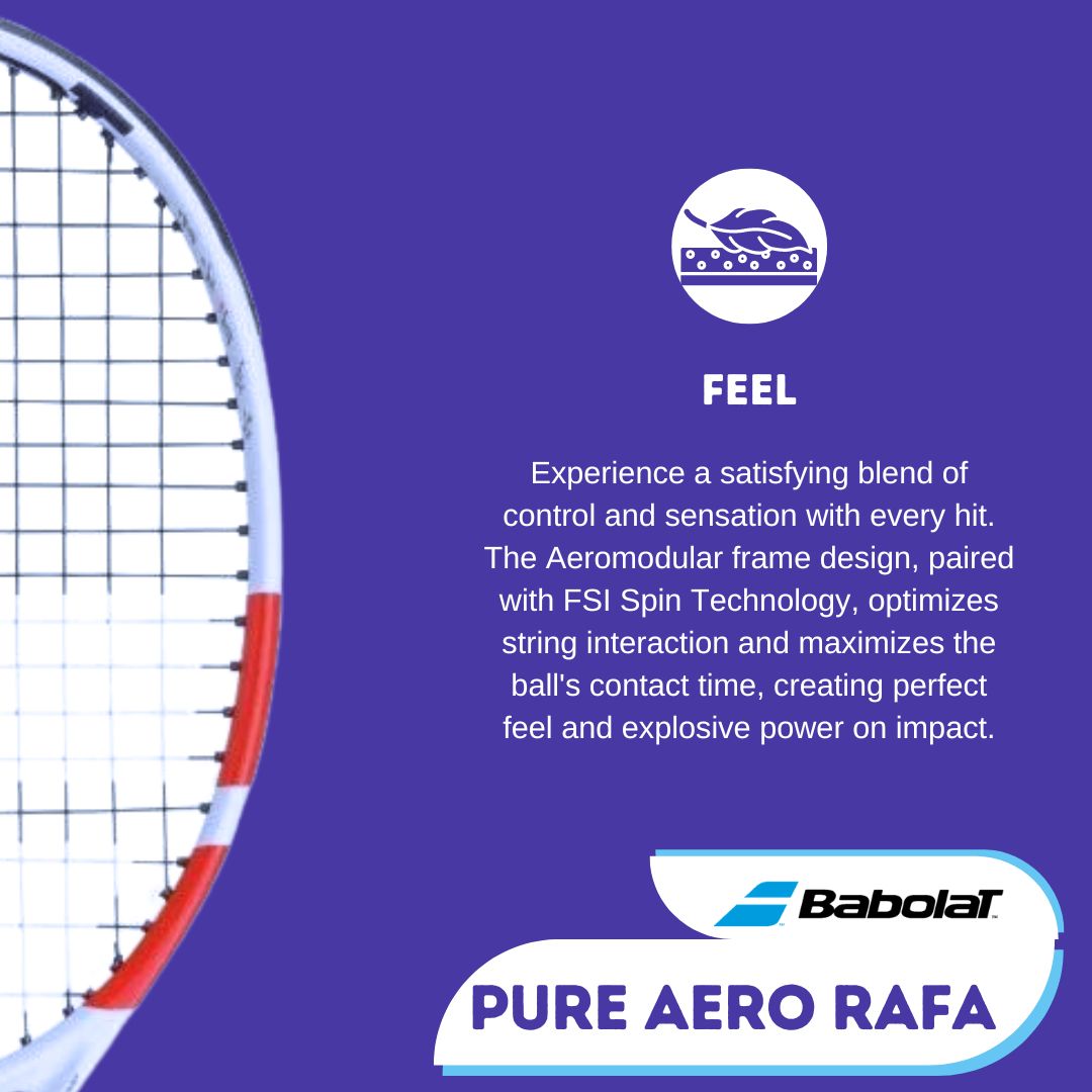 Babolat Pure Aero Rafa tennis racquet with Aeromodular frame and FSI Spin Technology for enhanced feel and explosive power.