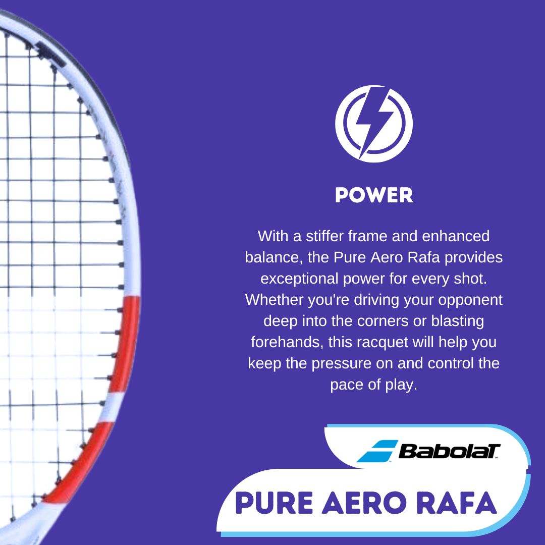 Babolat Pure Aero Rafa racquet engineered with a stiffer frame and balance for ultimate power, driving opponents behind the baseline.