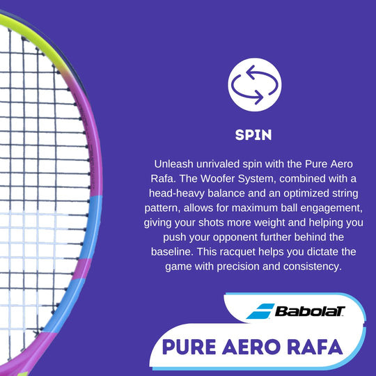 Babolat Pure Aero Rafa tennis racquet featuring Woofer System and head-heavy balance for maximum spin and ball engagement.