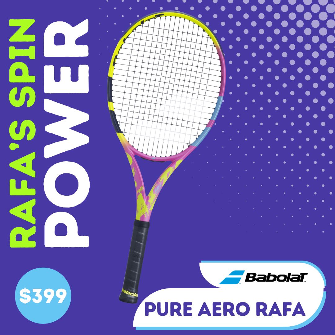 Babolat Pure Aero Rafa Tennis Racquet showcasing Rafa Nadal's signature power and spin performance. Priced at $399.