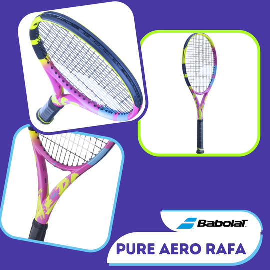 Babolat Pure Aero Rafa tennis racquet displayed from three angles—top, throat, and side views.