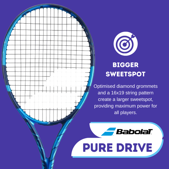 Babolat Pure Drive Features A Bigger Sweetspot: Optimised diamond grommets and a 16x19 string pattern create a larger sweetspot, providing maximum power for all players.