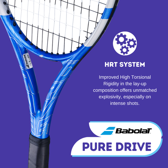 Babolat Pure Drive Features An Imporved HRT System: Improved High Torsional Rigidity in the lay-up composition offers unmatched explosivity, especially on intense shots.