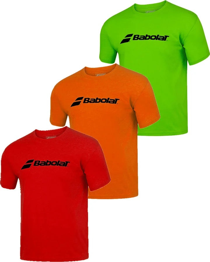 Three Babolat Junior Logo T-Shirts come in Red, Orange, and Green, made from 100% cotton with screen printing on the front.