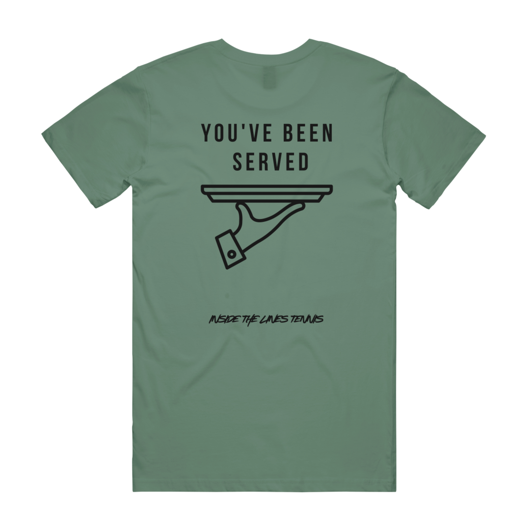Green t-shirt with black graphic and text on a white background