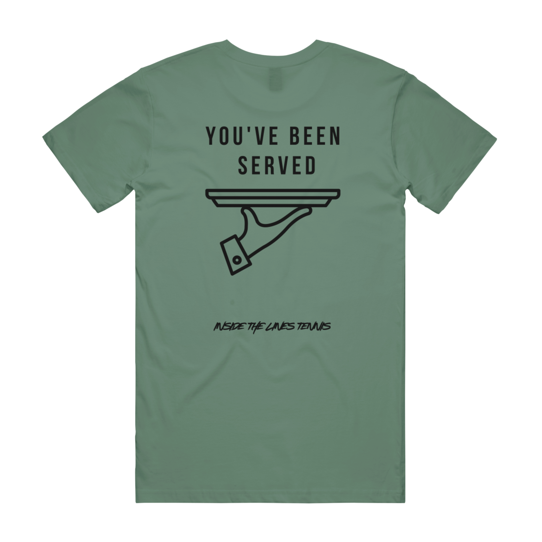 Green t-shirt with black graphic and text on a white background