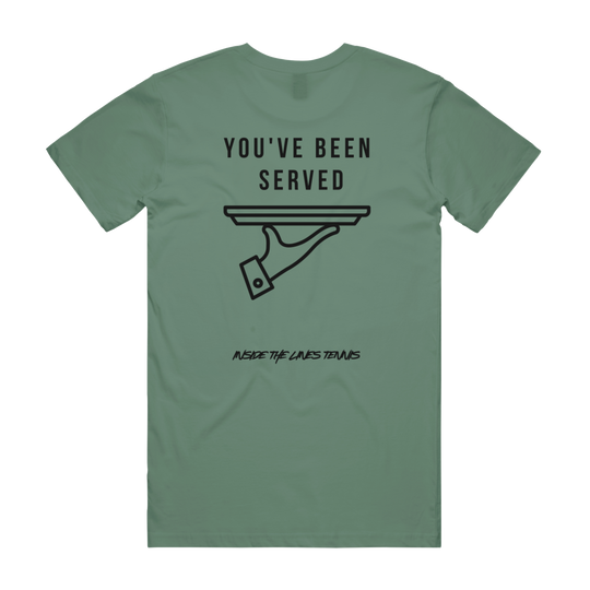 Green t-shirt with black graphic and text on a white background